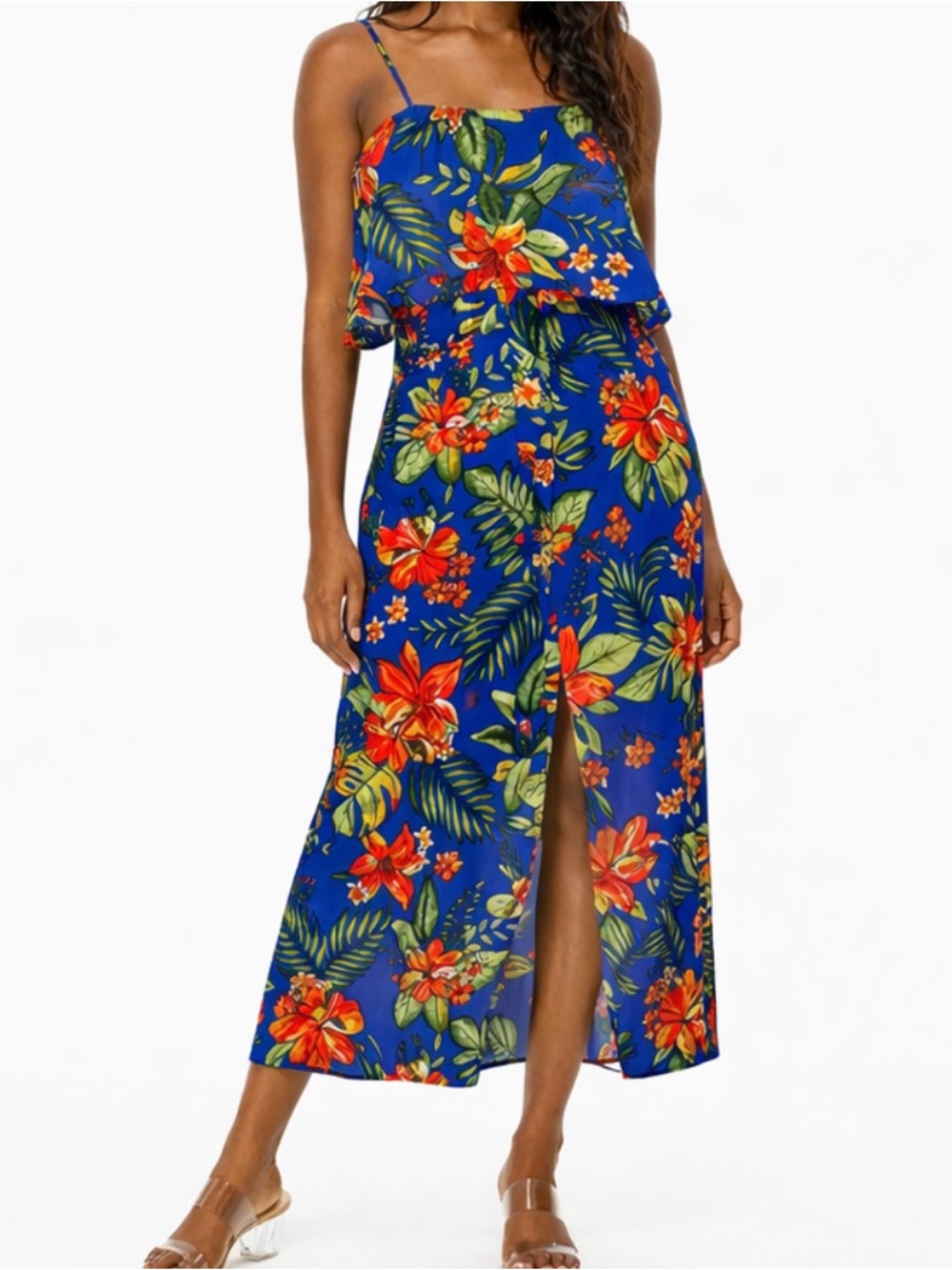 Lush Tropical Floral Maxi Blue Ruffle Popover Slit M